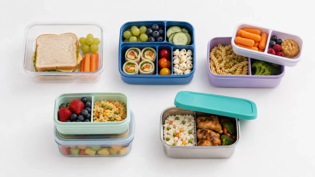 Single-compartment, bento, removable-tray, stackable, and stainless steel lunch boxes shown side by side.