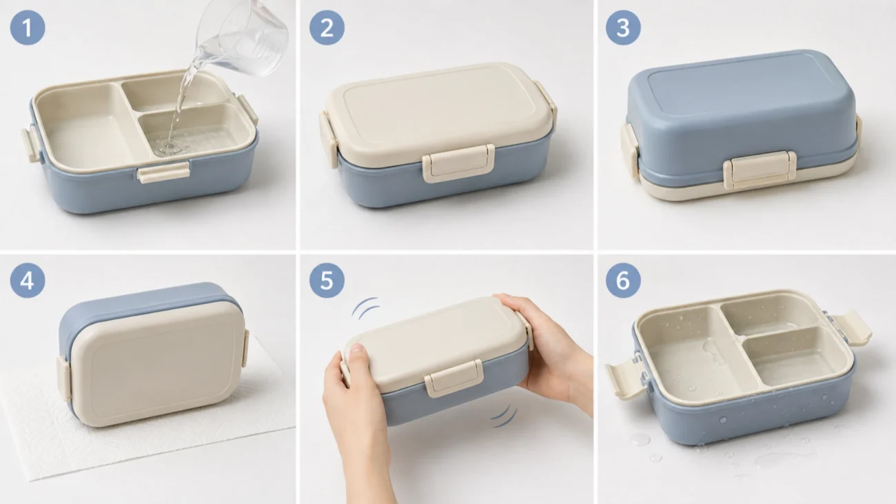 Lunch box being filled, closed, inverted, placed sideways, and checked for water leakage.