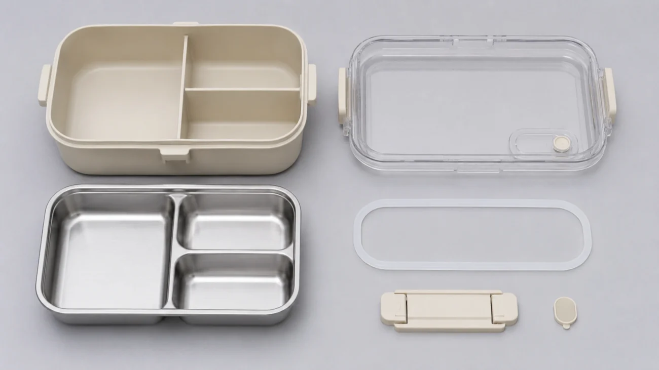 Plastic, transparent lid, stainless steel tray, and silicone gasket components used in lunch boxes.