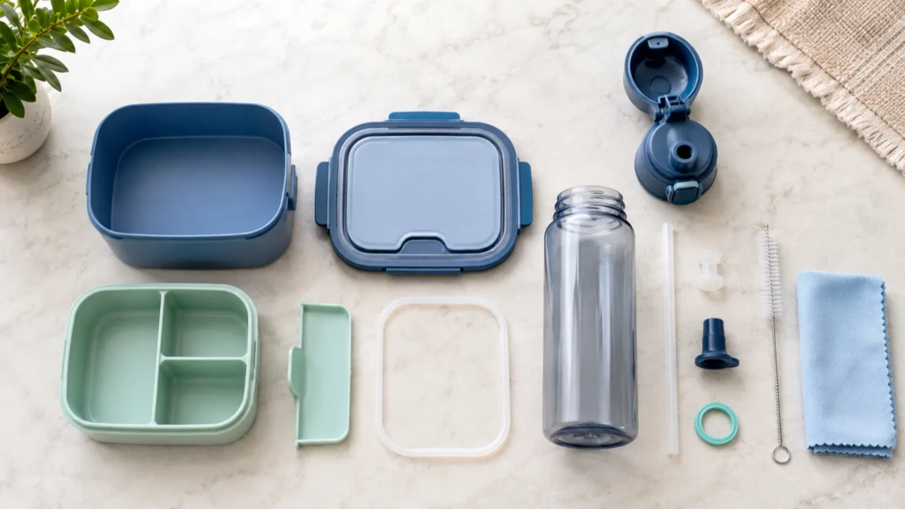 Disassembled lunch box and water bottle showing removable gasket, tray, straw, valve, and lid parts.