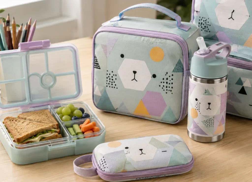 Kids lunch box, water bottle, lunch bag, and school accessories arranged on a desk.