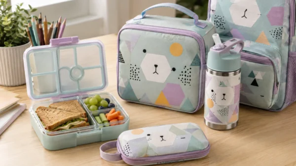 Kids lunch box, water bottle, lunch bag, and school accessories arranged on a desk.