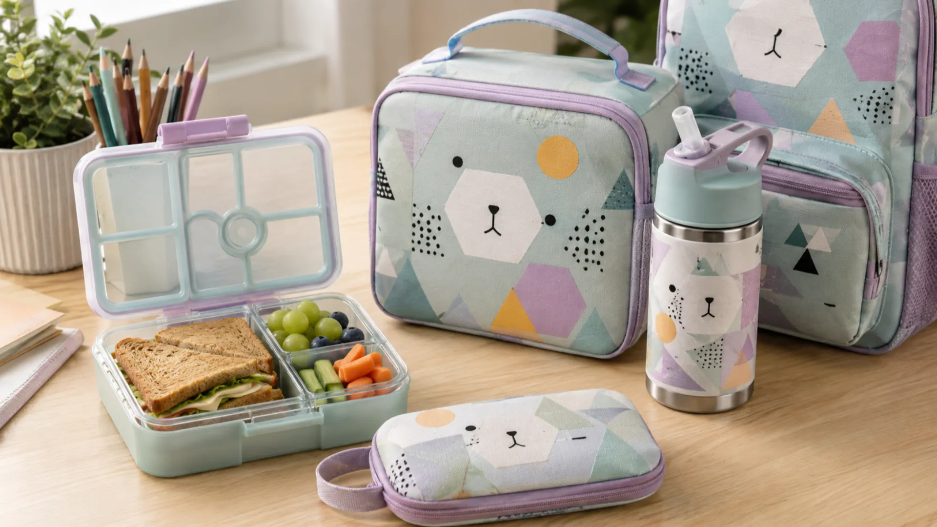 Kids lunch box, water bottle, lunch bag, and school accessories arranged on a desk.