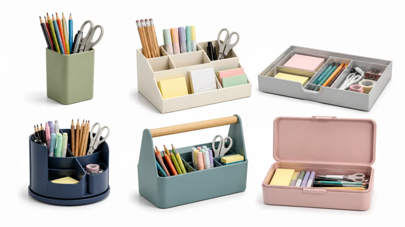 Pencil organizer, multi-compartment desk organizer, drawer organizer, rotating organizer, portable caddy, and storage box.
