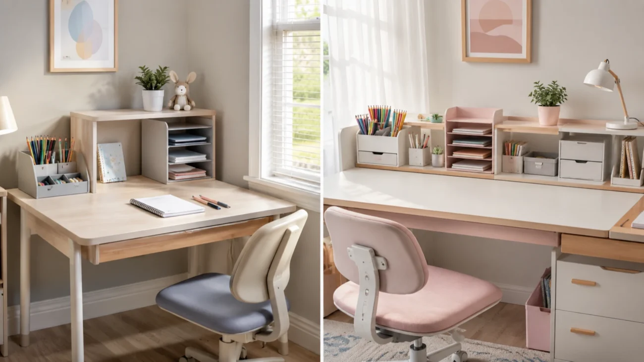 Small and larger kids study desks showing compact and zoned stationery storage layouts.