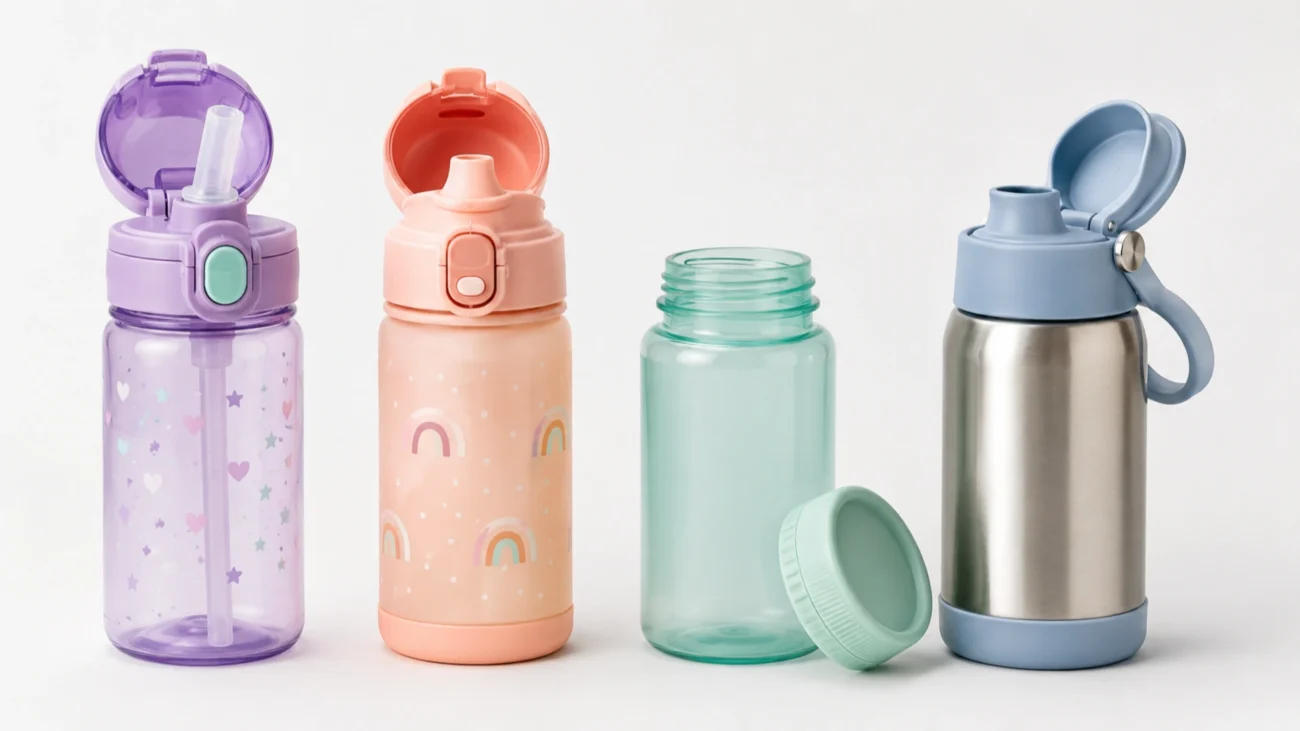 Straw, flip-top, screw-top, and insulated stainless steel kids water bottles shown together.