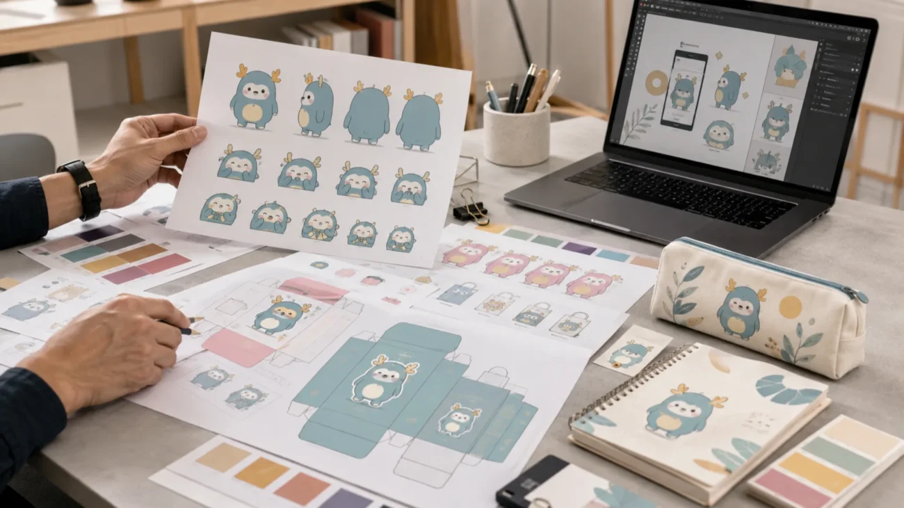 Licensed Merchandise Guide for Retailers: Character School Supplies & Stationery Designer comparing character artwork, color references, packaging dielines, and physical stationery samples.