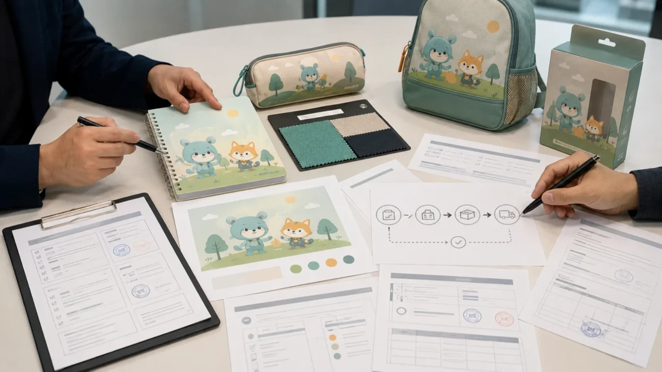 Licensed Merchandise Guide for Retailers: Character School Supplies & Stationery Retail buyer reviewing licensing documents, product samples, and supplier information for character merchandise.