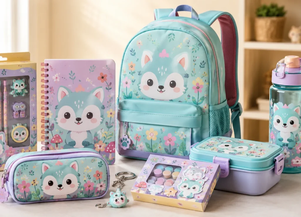 Character stationery, backpack, lunch box, craft kit, and accessories arranged as a licensed merchandise school collection.