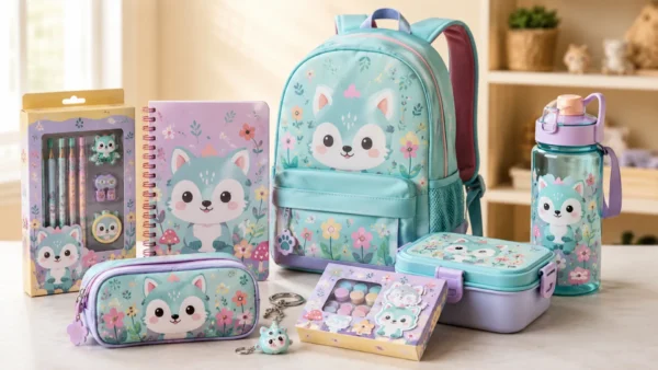 Character stationery, backpack, lunch box, craft kit, and accessories arranged as a licensed merchandise school collection.
