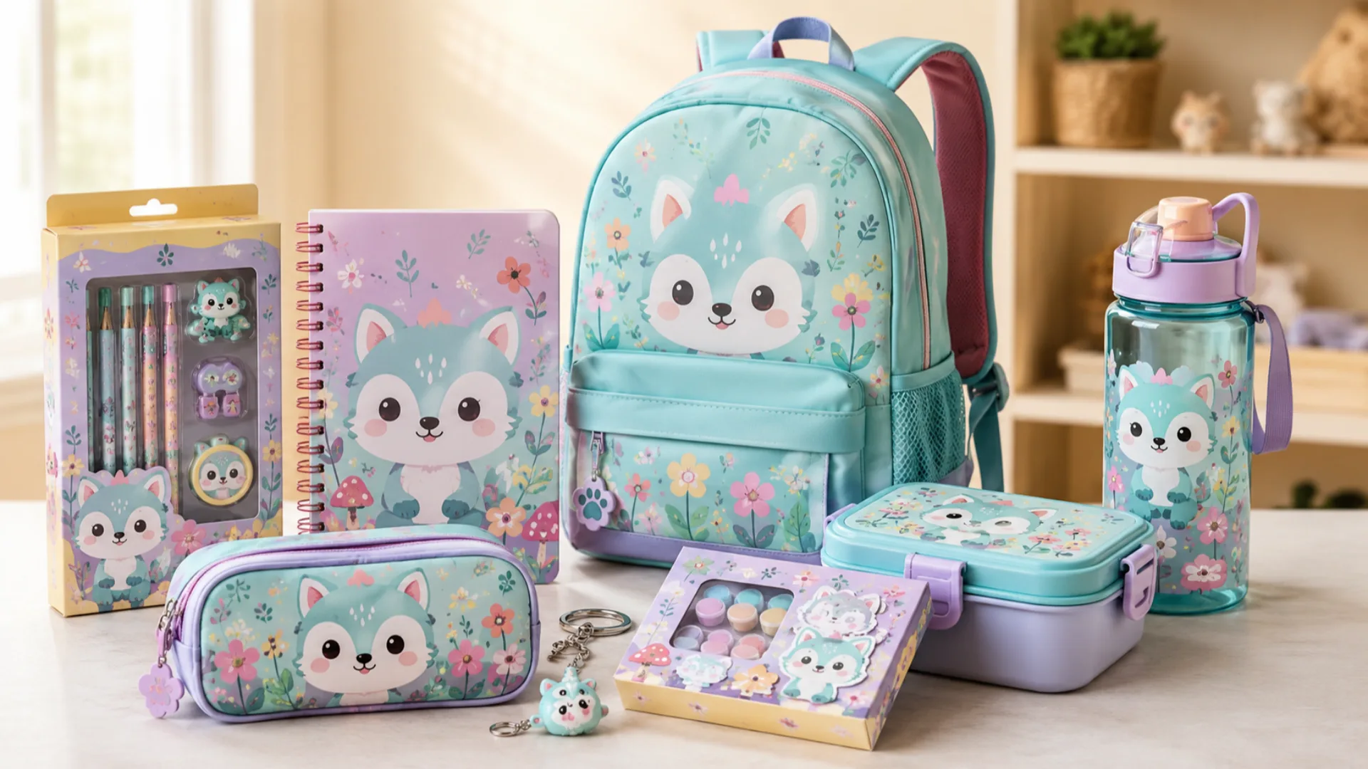 Licensed Merchandise Guide for Retailers: Character School Supplies & Stationery Character stationery, backpack, lunch box, craft kit, and accessories arranged as a licensed merchandise school collection.