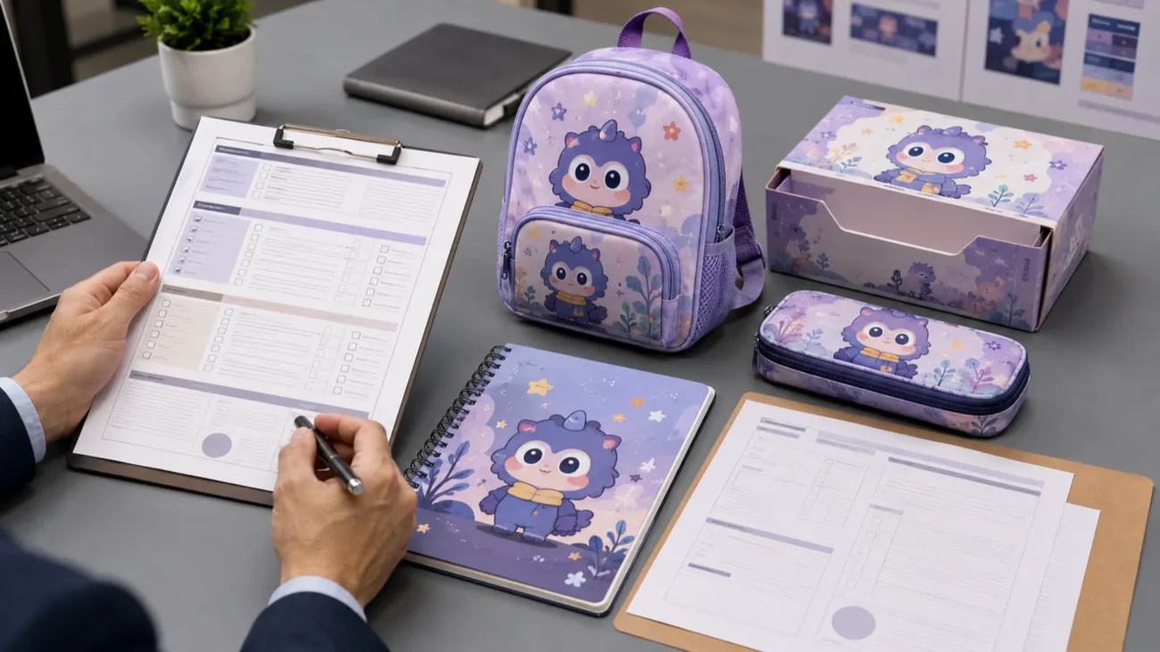 Licensed Merchandise Guide for Retailers: Character School Supplies & Stationery Buyer checking product scope, territory, artwork, packaging, supplier documents, and order details before sourcing licensed merchandise.