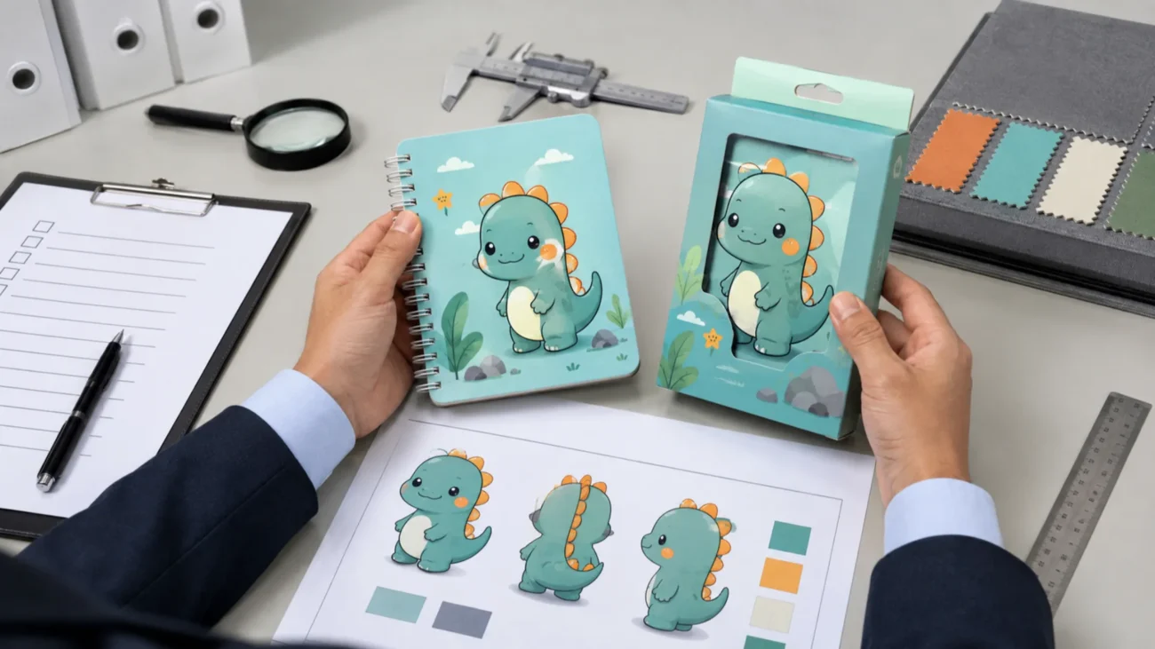 Licensed Merchandise Guide for Retailers: Character School Supplies & Stationery Retail buyer comparing product sample, packaging proof, color reference, and artwork during pre-production approval.
