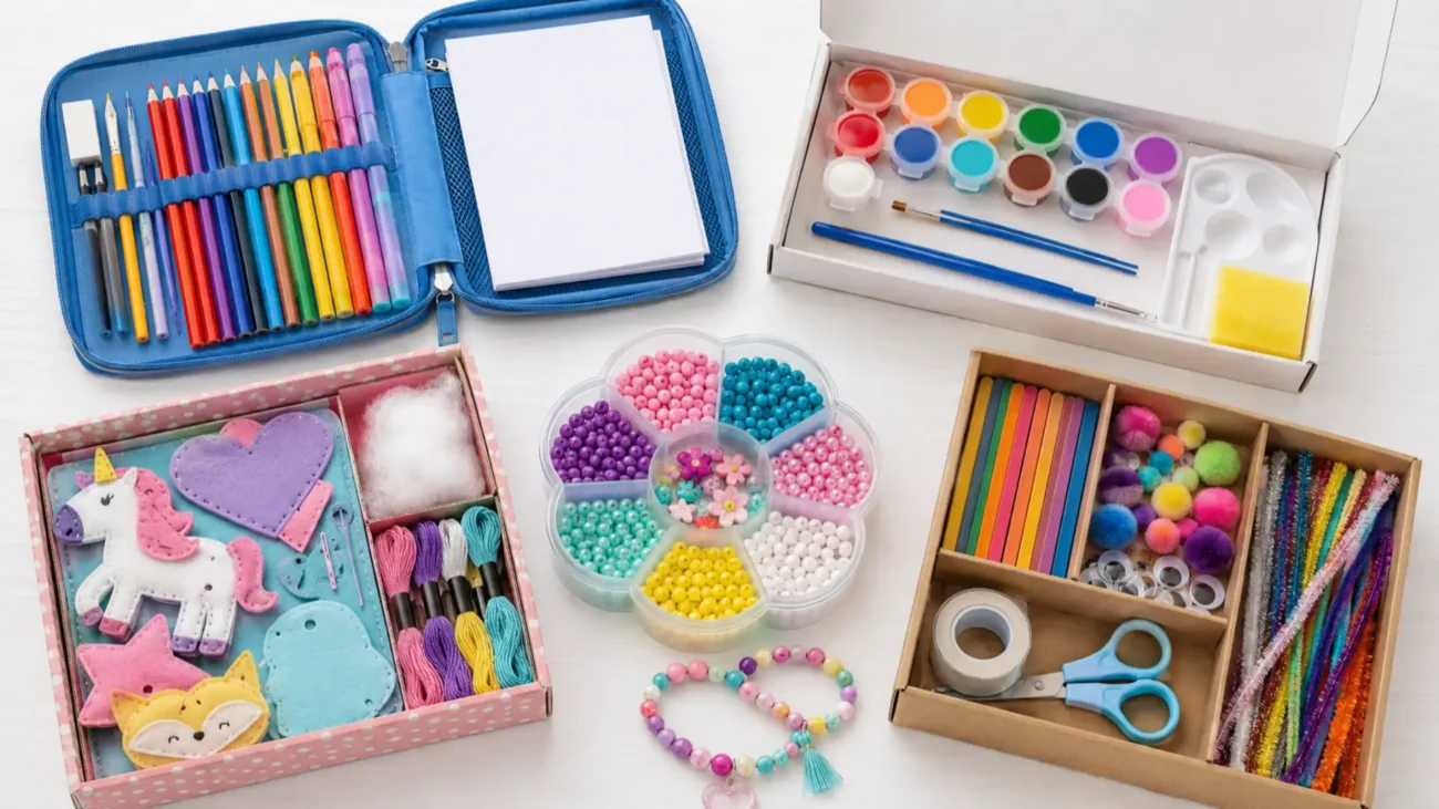 Art, painting, sewing, bead, and activity craft kits arranged side by side.