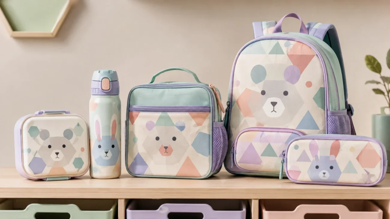 Matching lunch box, water bottle, lunch bag, backpack, and pencil case in coordinated school colors.