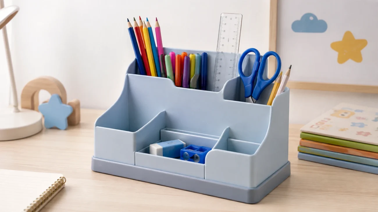 Multi-compartment pencil organizer holding tall pencils, markers, scissors, erasers, and sharpeners at different depths.