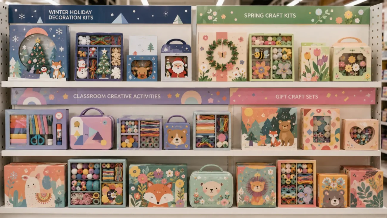 Seasonal kids craft kits for Christmas, spring, school, and gift displays arranged as a retail assortment.