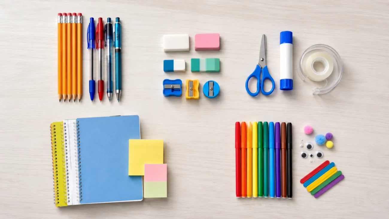 Pens, pencils, scissors, glue, paper, and art supplies sorted into separate groups before storage.