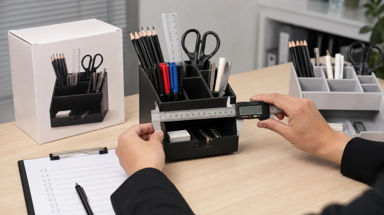 Buyer inspecting stationery organizer dimensions, compartments, stability, finish, and packaging with real school supplies.