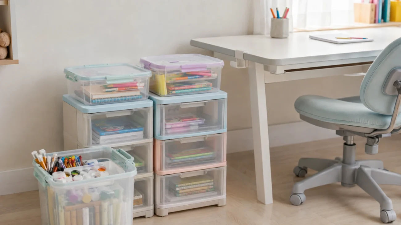 Lidded stationery storage boxes and stackable drawers holding backup school supplies and art materials.