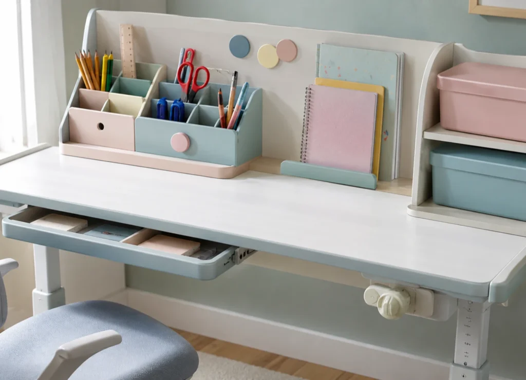 Organized kids study desk with pencil organizer, stationery storage boxes, notebooks, and school supplies.
