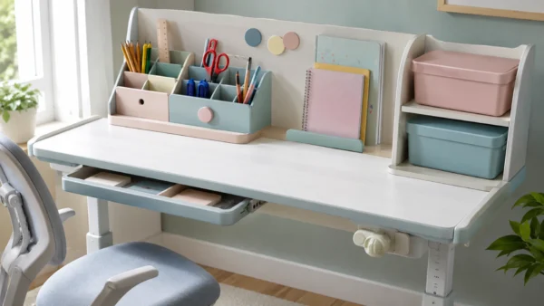Organized kids study desk with pencil organizer, stationery storage boxes, notebooks, and school supplies.