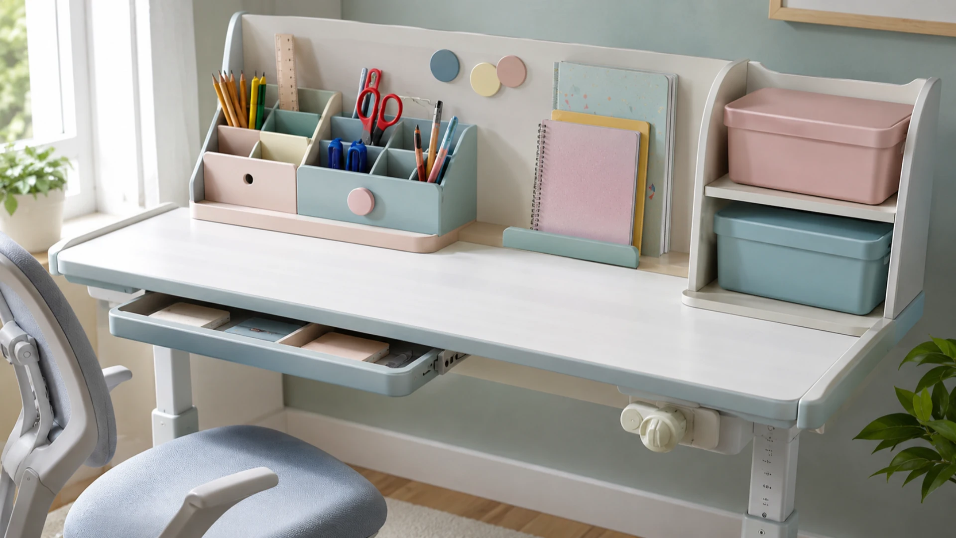Organized kids study desk with pencil organizer, stationery storage boxes, notebooks, and school supplies.
