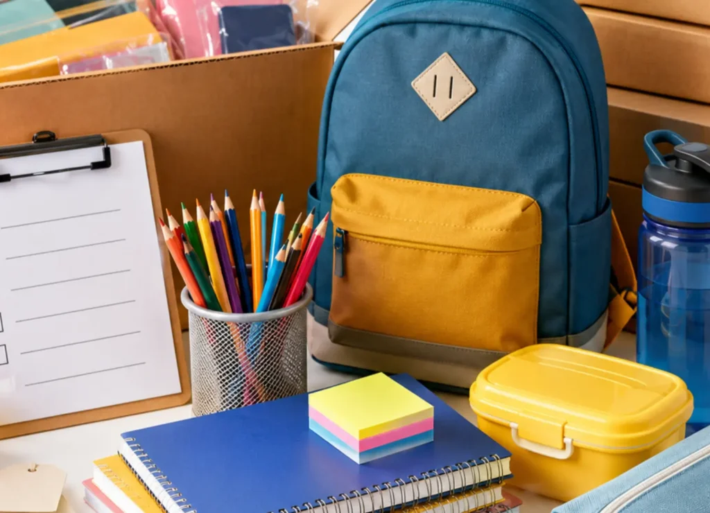 school supplies supplier displaying wholesale stationery supplies, backpack, lunch box, water bottle, notebooks, and pencil case