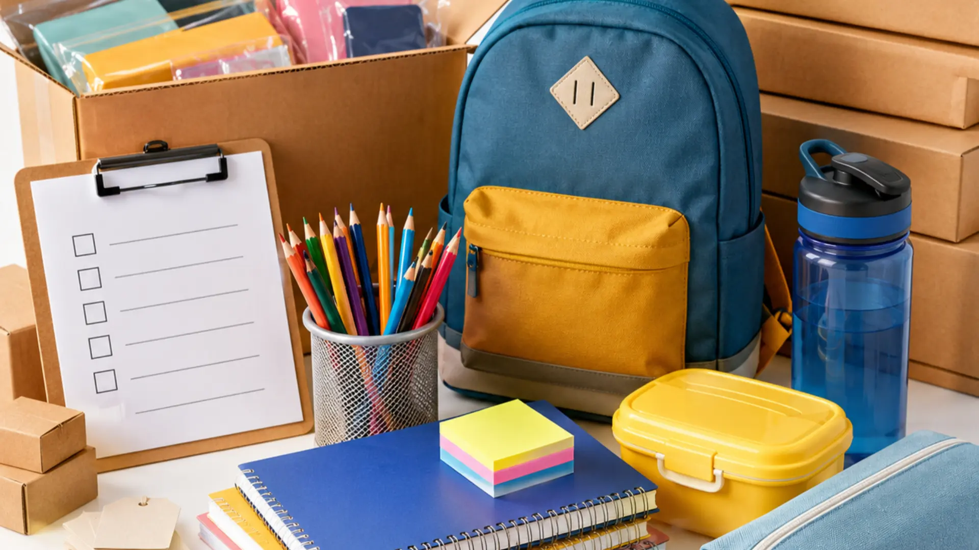 How to Choose the Right School Supplies Supplier for Wholesale Buyers school supplies supplier displaying wholesale stationery supplies, backpack, lunch box, water bottle, notebooks, and pencil case