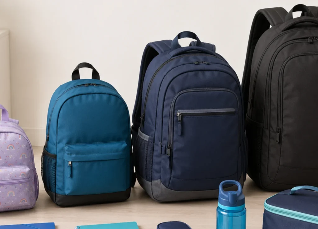 Preschool, elementary, multi-compartment, and large kids backpacks displayed with school supplies.