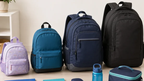 Preschool, elementary, multi-compartment, and large kids backpacks displayed with school supplies.