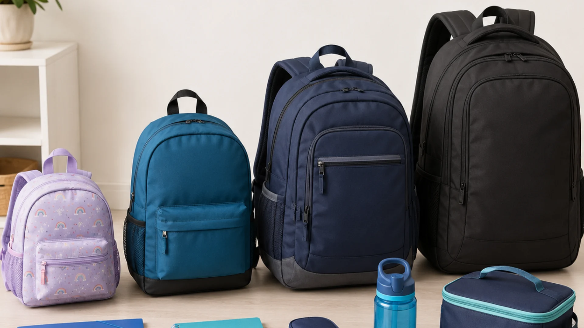 Wholesale Kids Backpacks: A Retail Buyer’s Guide to Size, Materials, Comfort, and Quality Preschool, elementary, multi-compartment, and large kids backpacks displayed with school supplies.