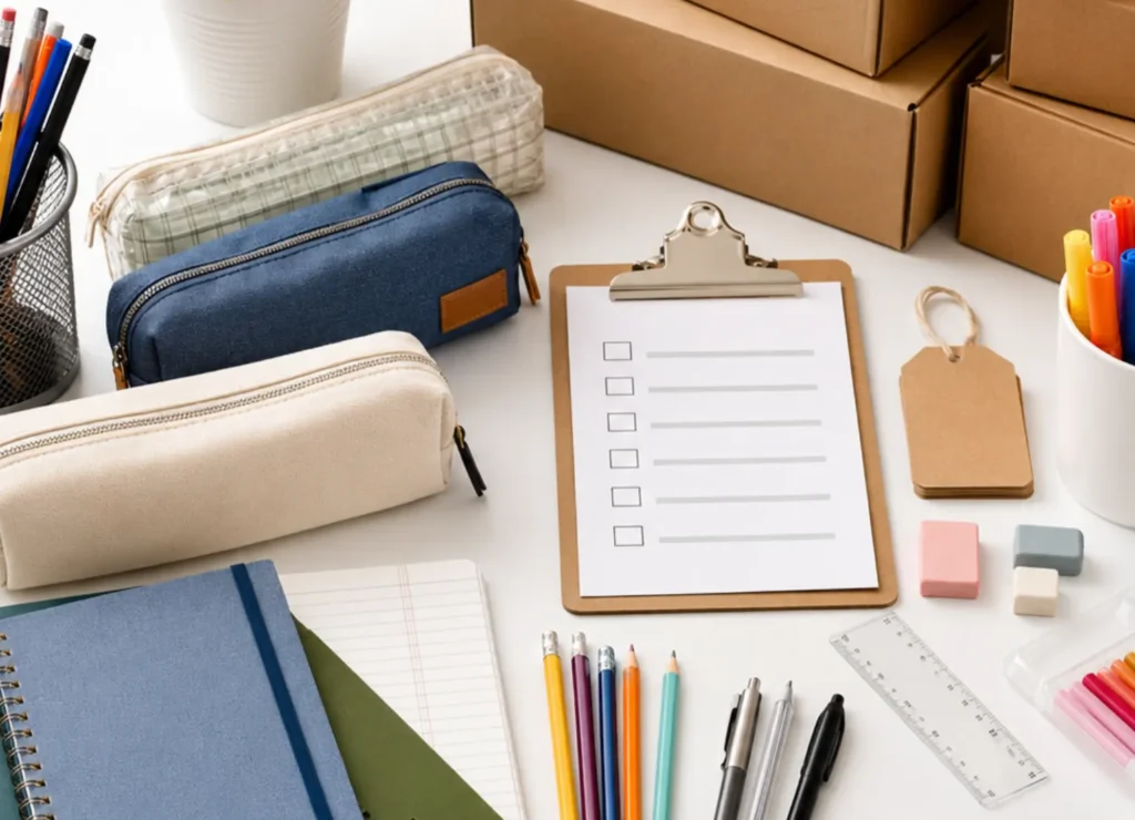 Wholesale stationery supplies buying guide with notebooks, pencil cases, markers, stickers, and bulk stationery products