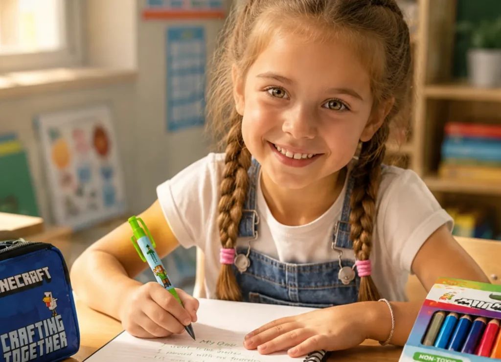 A smiling young girl writing in a notebook at her classroom desk, surrounded by colorful school stationery including pencils, ruler, eraser, and pencil case in a bright, sunlit learning environment.