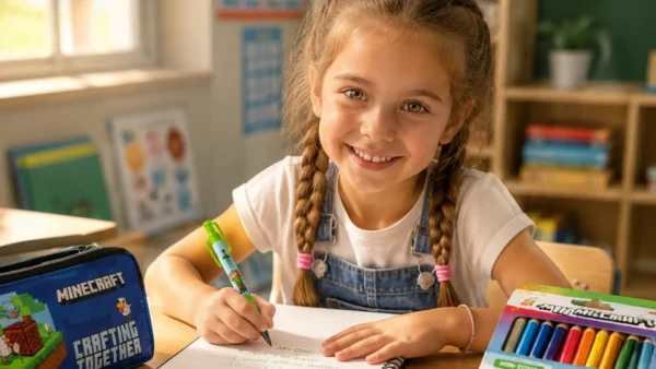 A smiling young girl writing in a notebook at her classroom desk, surrounded by colorful school stationery including pencils, ruler, eraser, and pencil case in a bright, sunlit learning environment.
