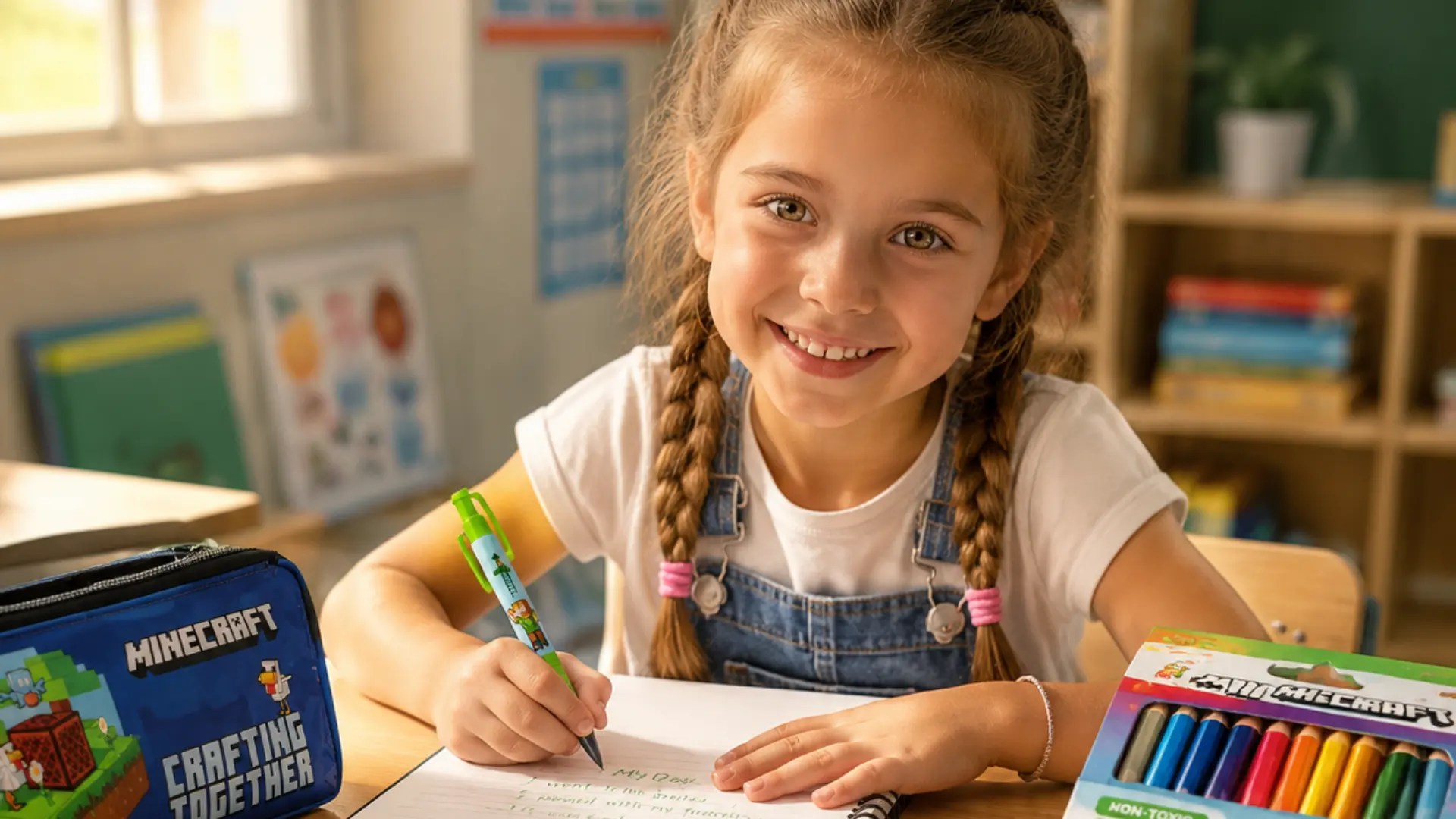 Ultimate Guide to Choosing Kids Stationery for School A smiling young girl writing in a notebook at her classroom desk, surrounded by colorful school stationery including pencils, ruler, eraser, and pencil case in a bright, sunlit learning environment.